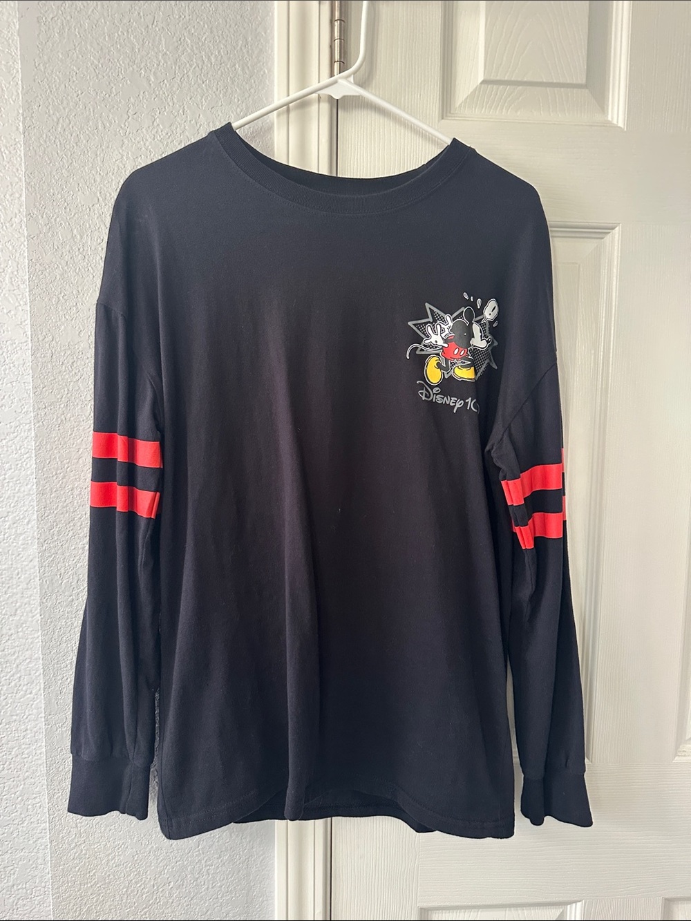 Disney 100 Black Long-Sleeve Tee with Red Sleeve Stripes and Mickey Graphic